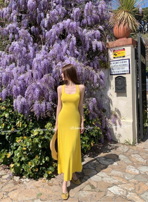 Yellow Square Neck Cami Dress Sleeveless Cinched Waist Summer Beach Vacation Dress - Image 2