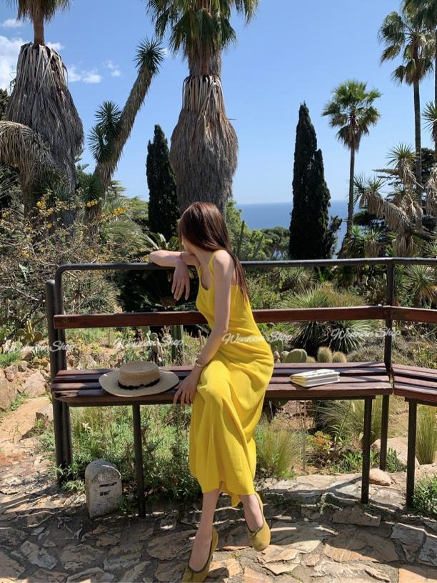 Yellow Square Neck Cami Dress Sleeveless Cinched Waist Summer Beach Vacation Dress - Image 3