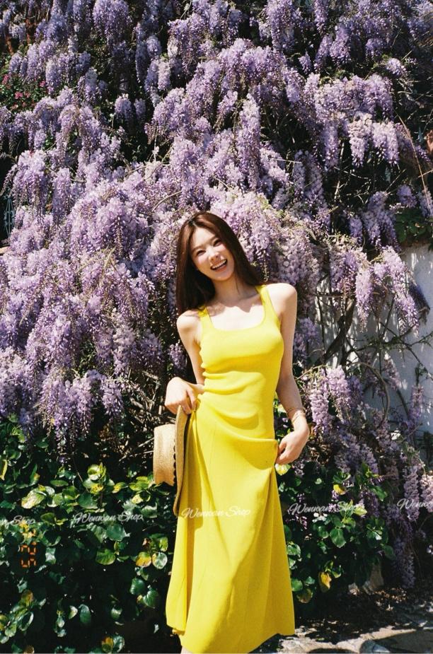 Yellow Square Neck Cami Dress Sleeveless Cinched Waist Summer Beach Vacation Dress - Image 4