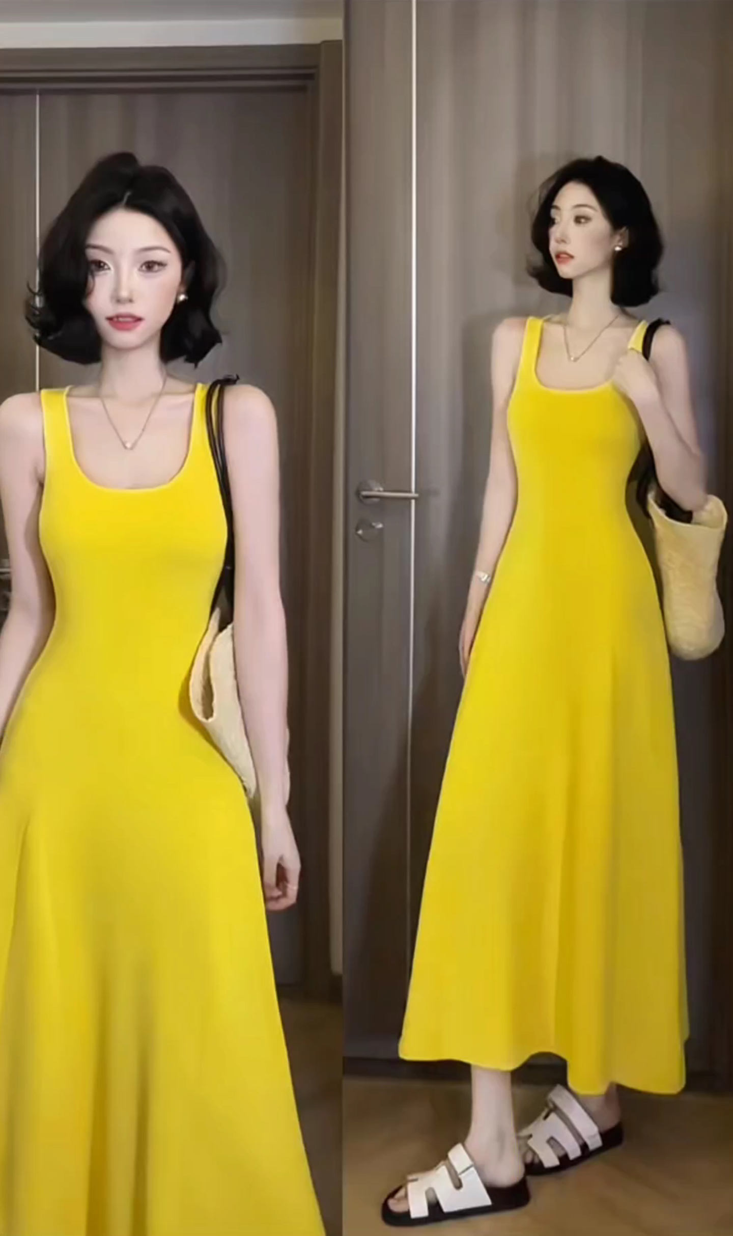 Summer Slimming Knit Halter A-Line Tank Dress with Waist and U-Neck Sleeveless