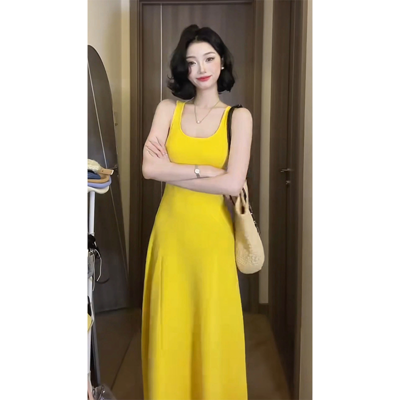 Summer Slimming Knit Halter A-Line Tank Dress with Waist and U-Neck Sleeveless - Image 5