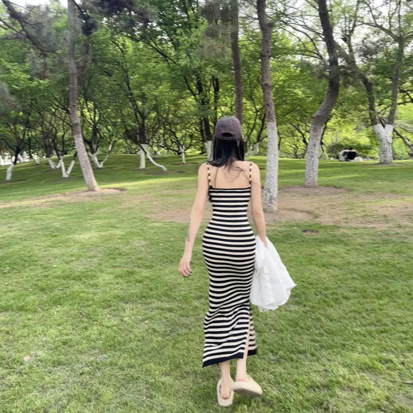 Sexy Knitted Striped Cami Long Dress with Slit for Beach Vacation - Image 5
