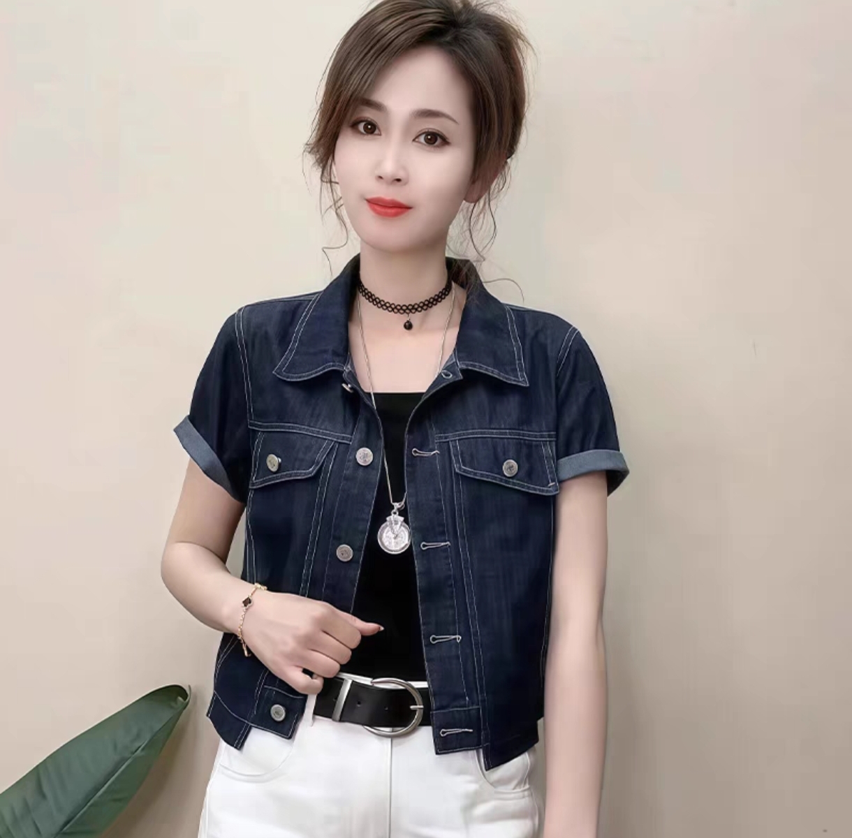 Women's Short Denim Jacket Korean Style Summer Casual Button Front