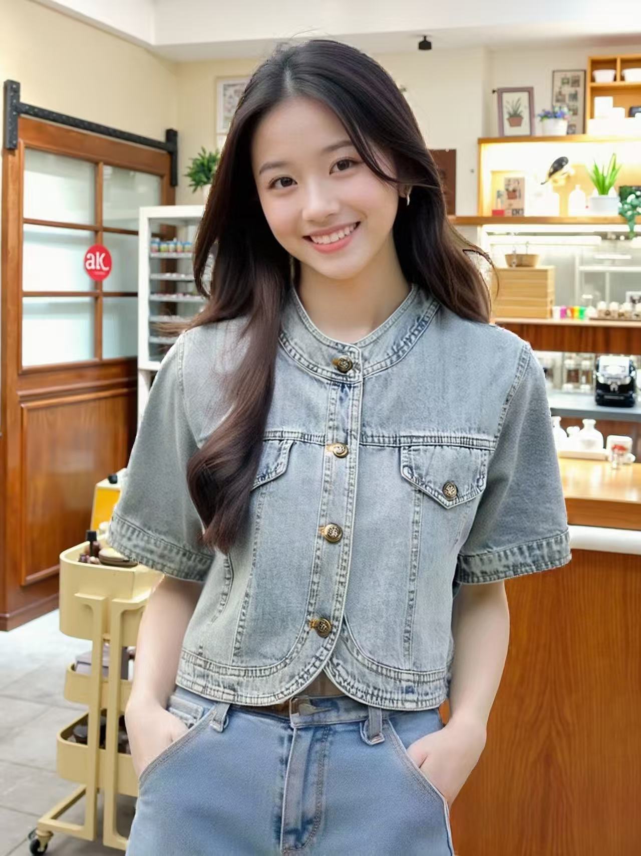 Women's Vintage Round Neck Short Sleeve Denim Shirt Lightweight Summer Top