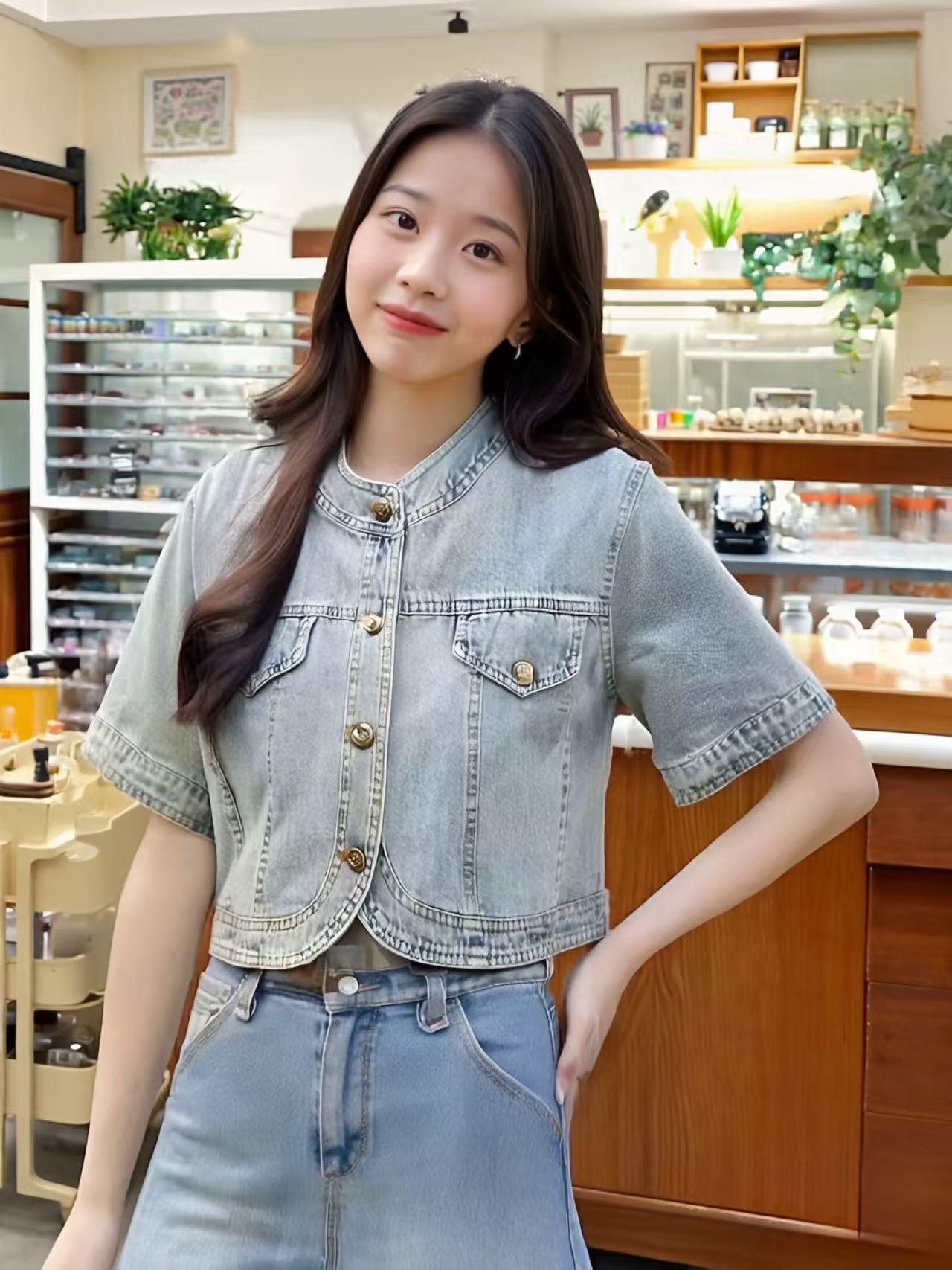 Women's Vintage Round Neck Short Sleeve Denim Shirt Lightweight Summer Top - Image 2