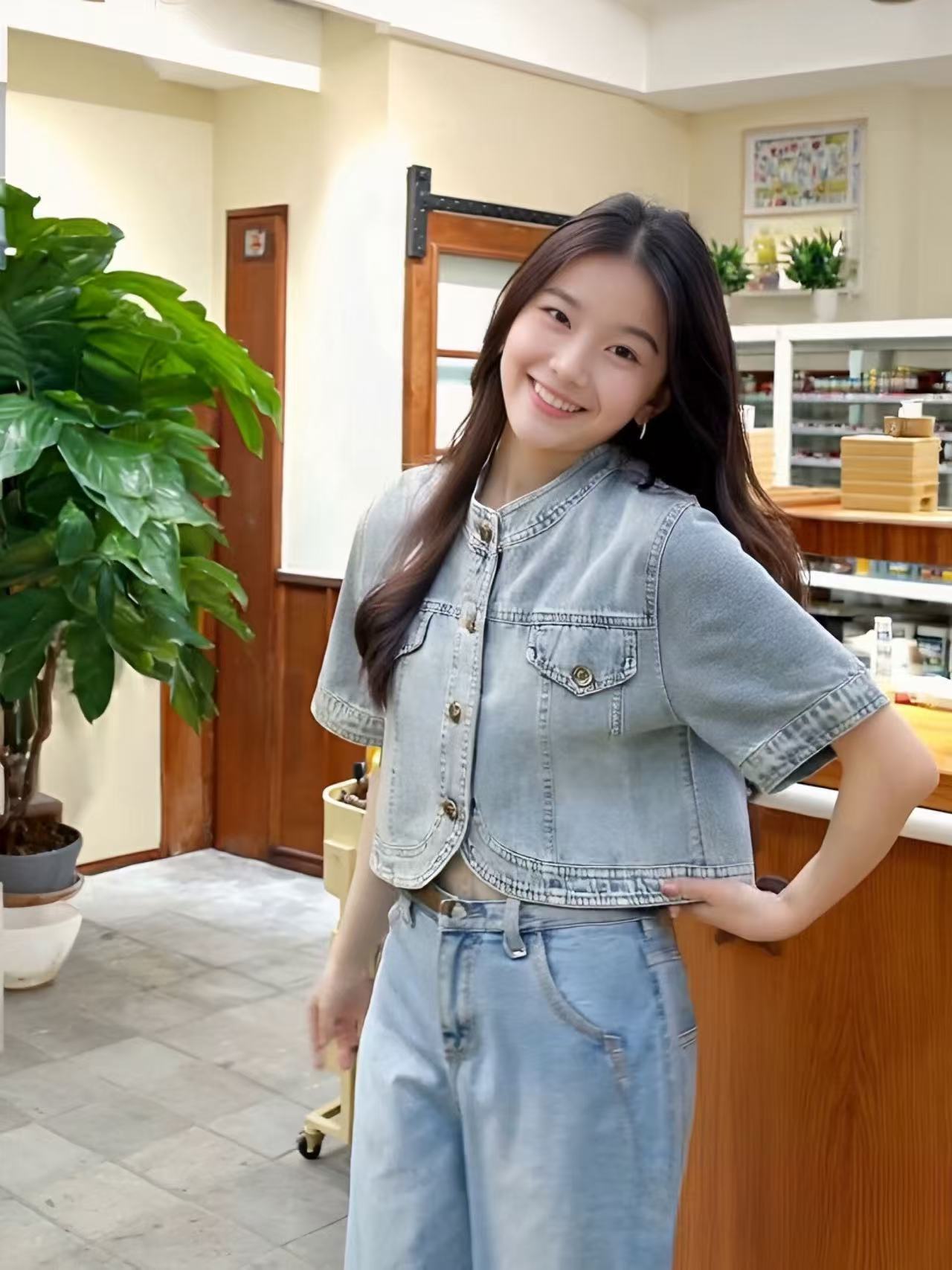 Women's Vintage Round Neck Short Sleeve Denim Shirt Lightweight Summer Top - Image 3