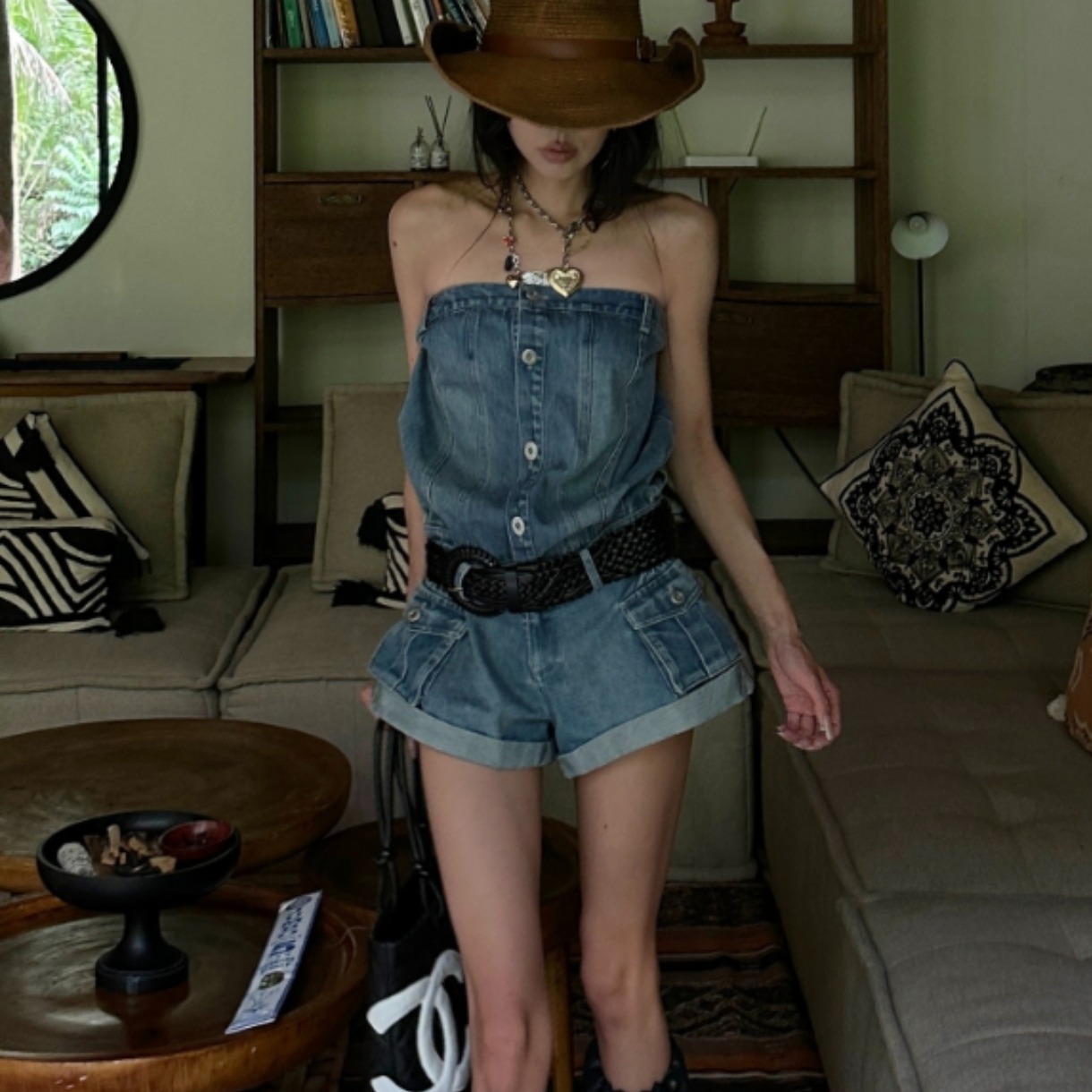 Women's Retro Blue Denim Jumpsuit Streetwear Loose Fit Single-Breasted - Image 2