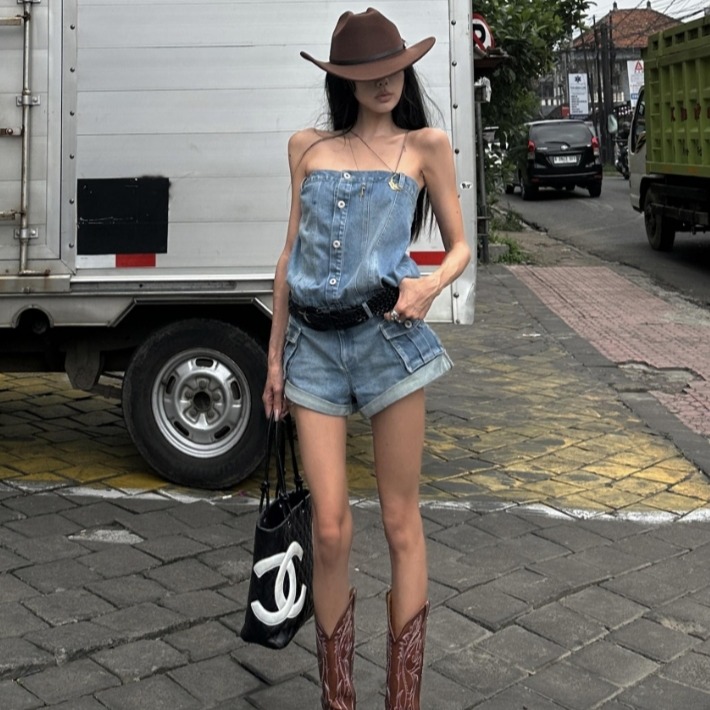 Women's Retro Blue Denim Jumpsuit Streetwear Loose Fit Single-Breasted - Image 3