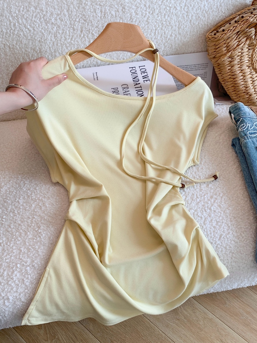 Women's Summer One-Shoulder Drawstring Short Sleeve Top