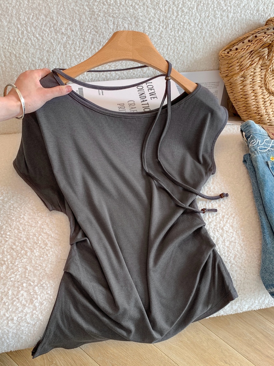 Women's Summer One-Shoulder Drawstring Short Sleeve Top - Image 2