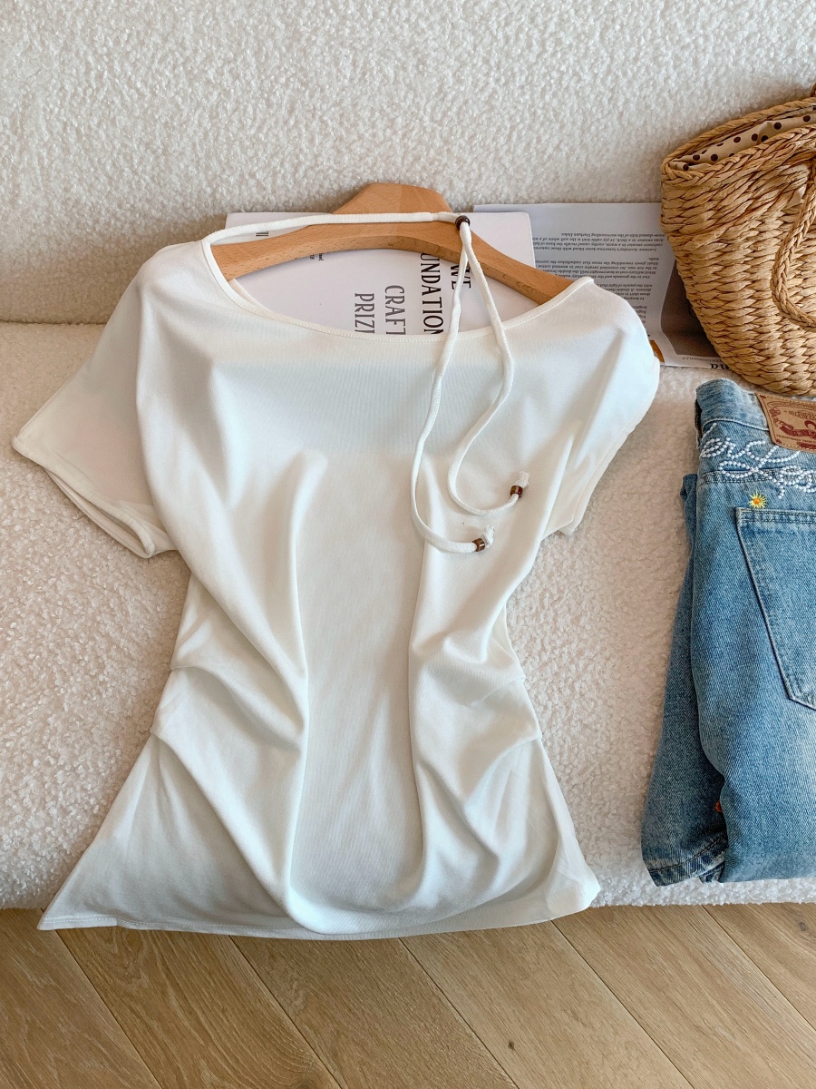 Women's Summer One-Shoulder Drawstring Short Sleeve Top - Image 3