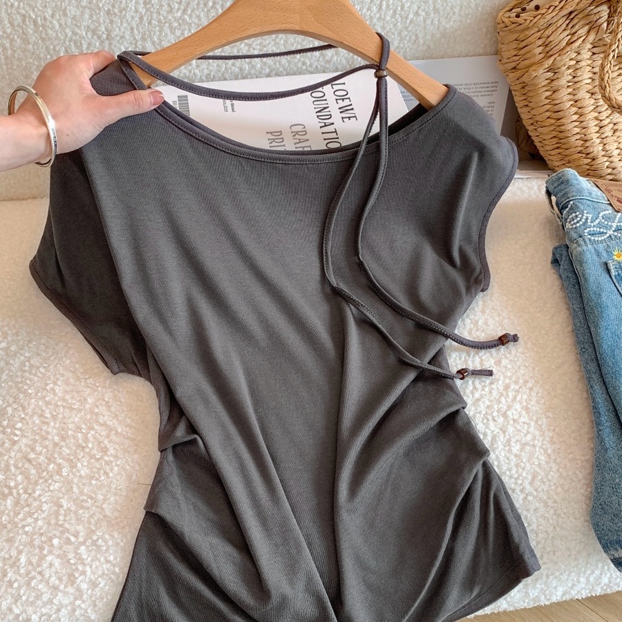 Women's Summer One-Shoulder Drawstring Short Sleeve Top - Image 5