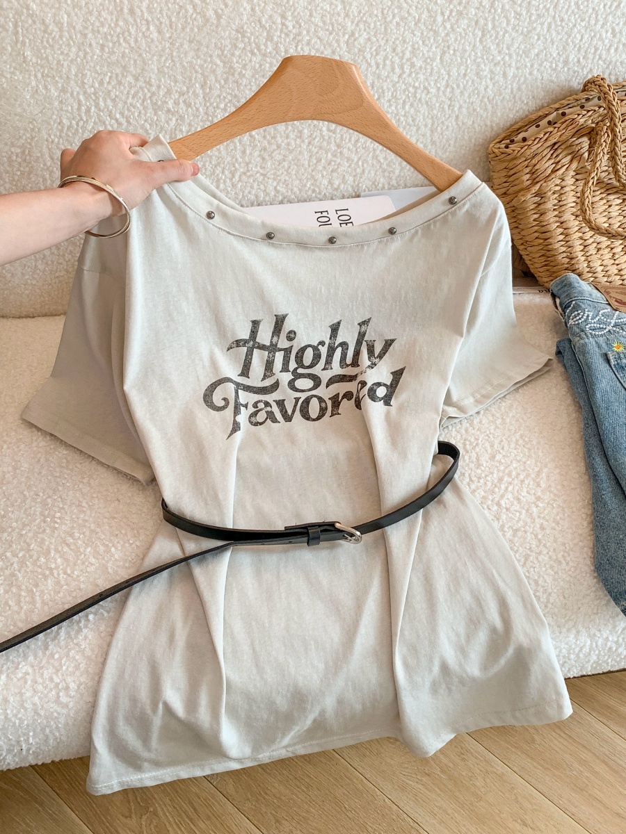 2026 Summer Korean Style Studded One-Shoulder Letter T-Shirt with Belt - Style ca4dfc