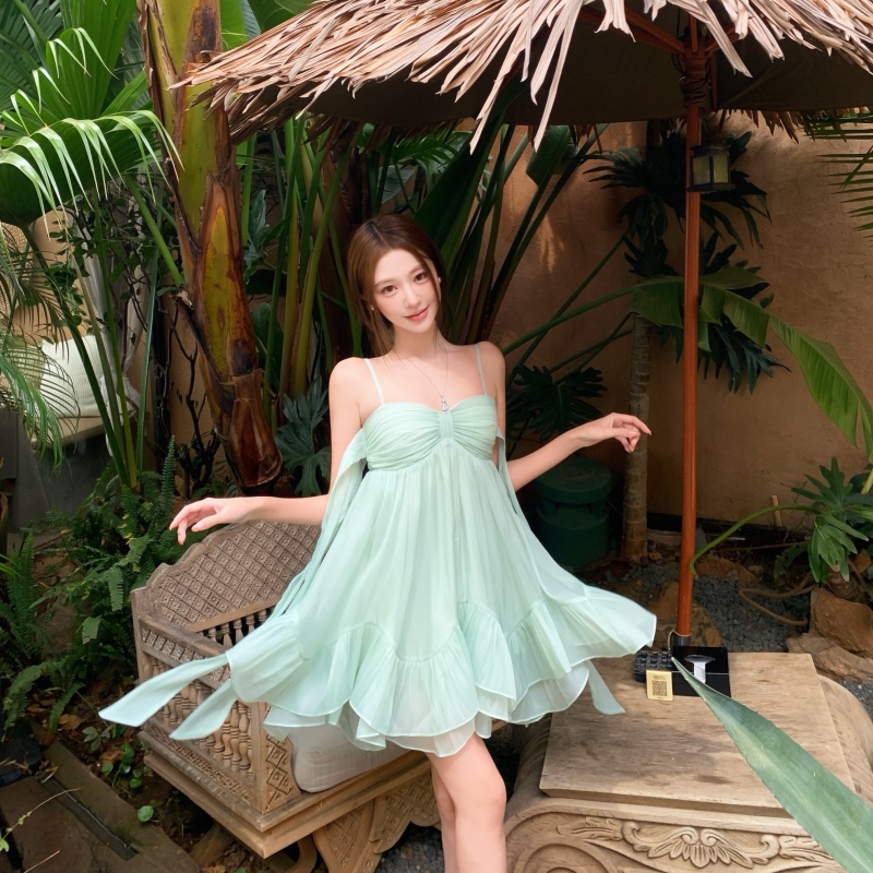 Mint Green Sleeveless Bow Chiffon Mini Dress for Women
