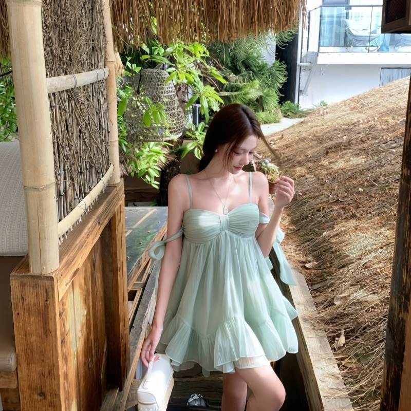 Mint Green Sleeveless Bow Chiffon Mini Dress for Women - Image 2