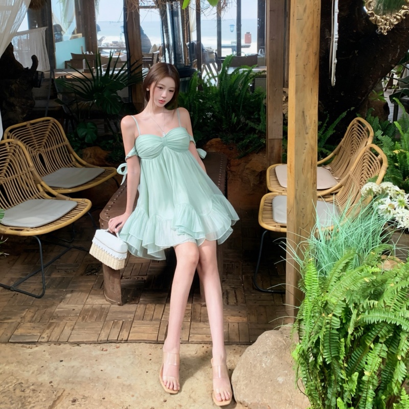 Mint Green Sleeveless Bow Chiffon Mini Dress for Women - Image 3
