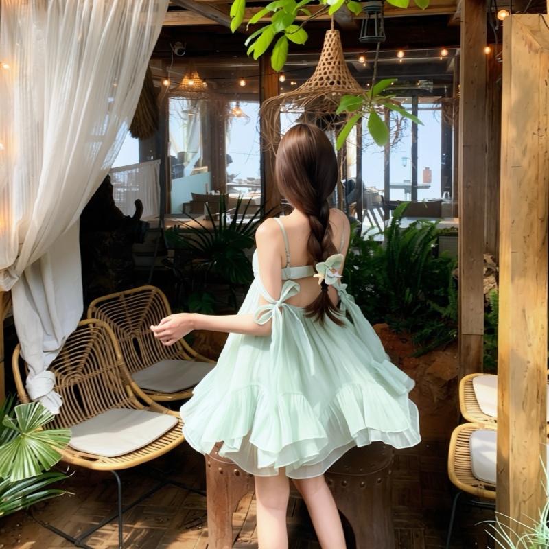 Mint Green Sleeveless Bow Chiffon Mini Dress for Women - Image 4