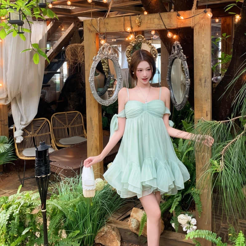 Mint Green Sleeveless Bow Chiffon Mini Dress for Women - Image 5