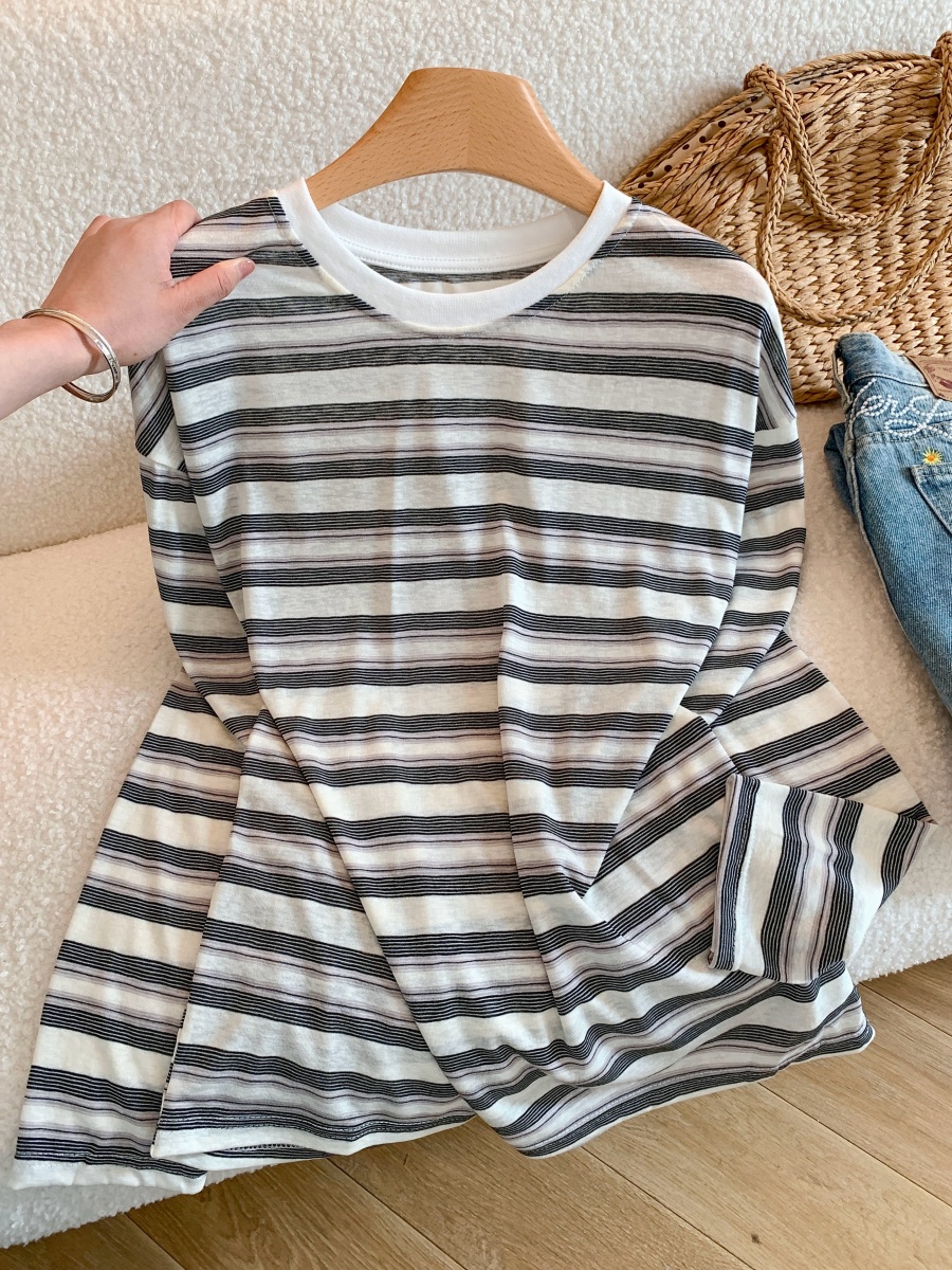 Korean Style Sun Protection Striped Long Sleeve T-Shirt for Women