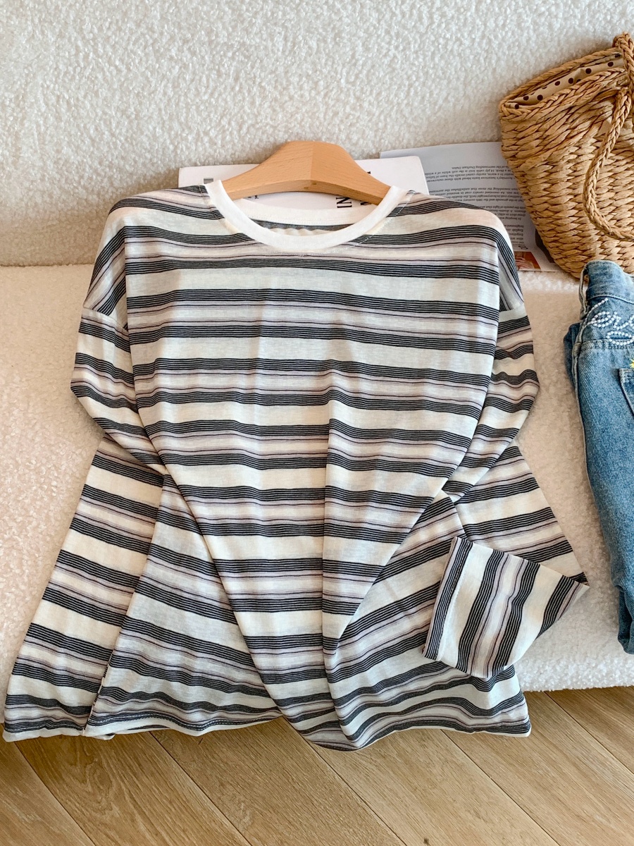 Korean Style Sun Protection Striped Long Sleeve T-Shirt for Women - Image 3