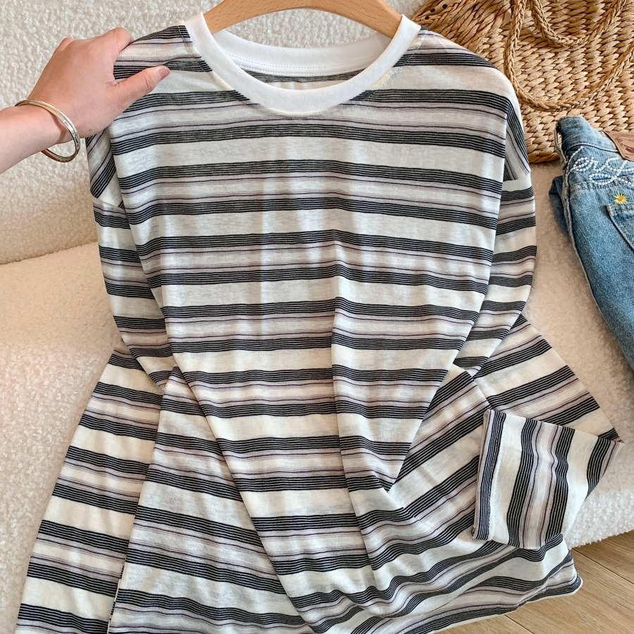 Korean Style Sun Protection Striped Long Sleeve T-Shirt for Women - Image 5