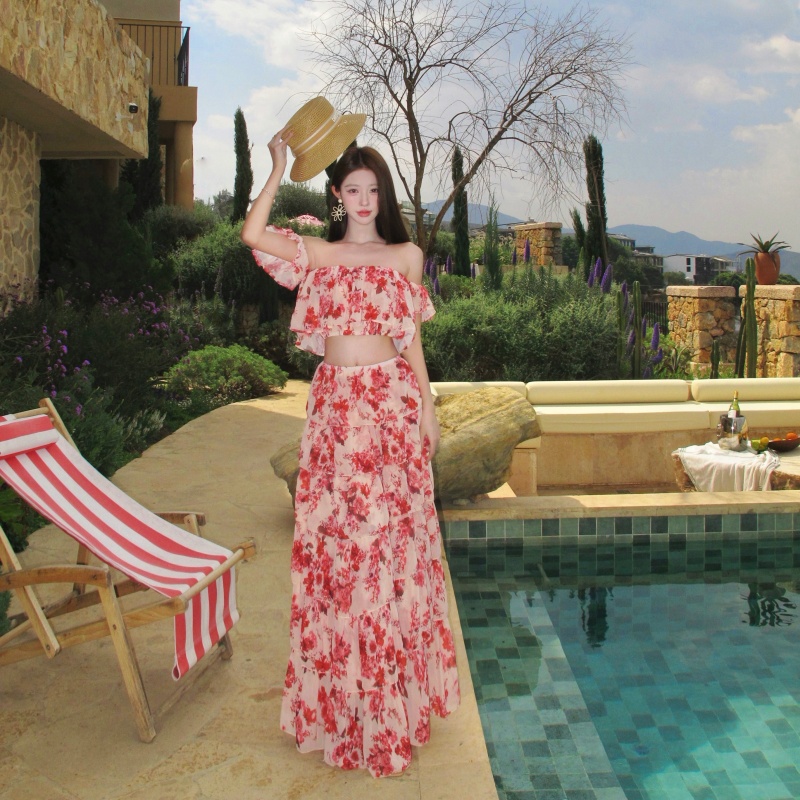 French Style Floral Cami Top and High Waist Tiered Skirt Two Piece Dress Set - Image 4