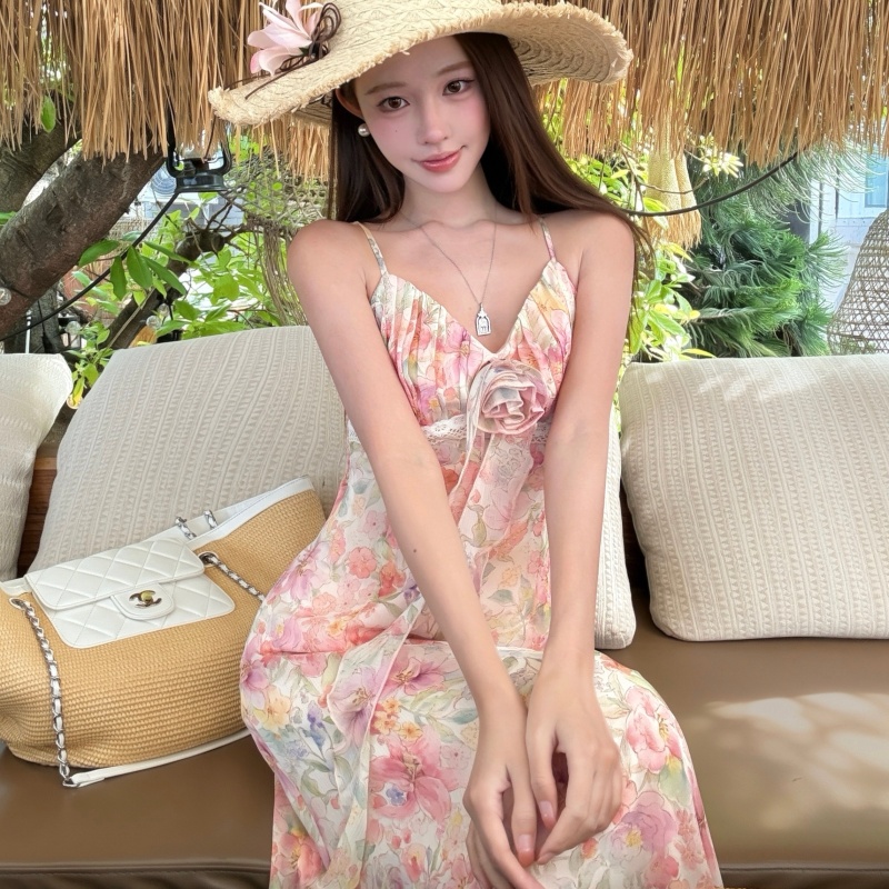 Cherry Blossom Print V-Neck Smocked Waist Cami Long Dress for Women Summer Sweet Long Skirt