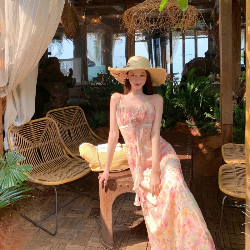 Cherry Blossom Print V-Neck Smocked Waist Cami Long Dress for Women Summer Sweet Long Skirt - Image 2