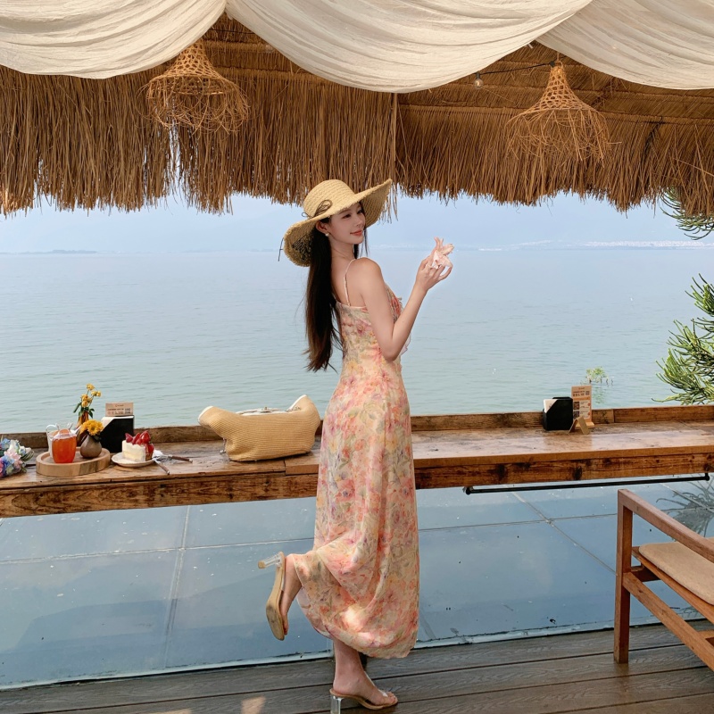Cherry Blossom Print V-Neck Smocked Waist Cami Long Dress for Women Summer Sweet Long Skirt - Image 3