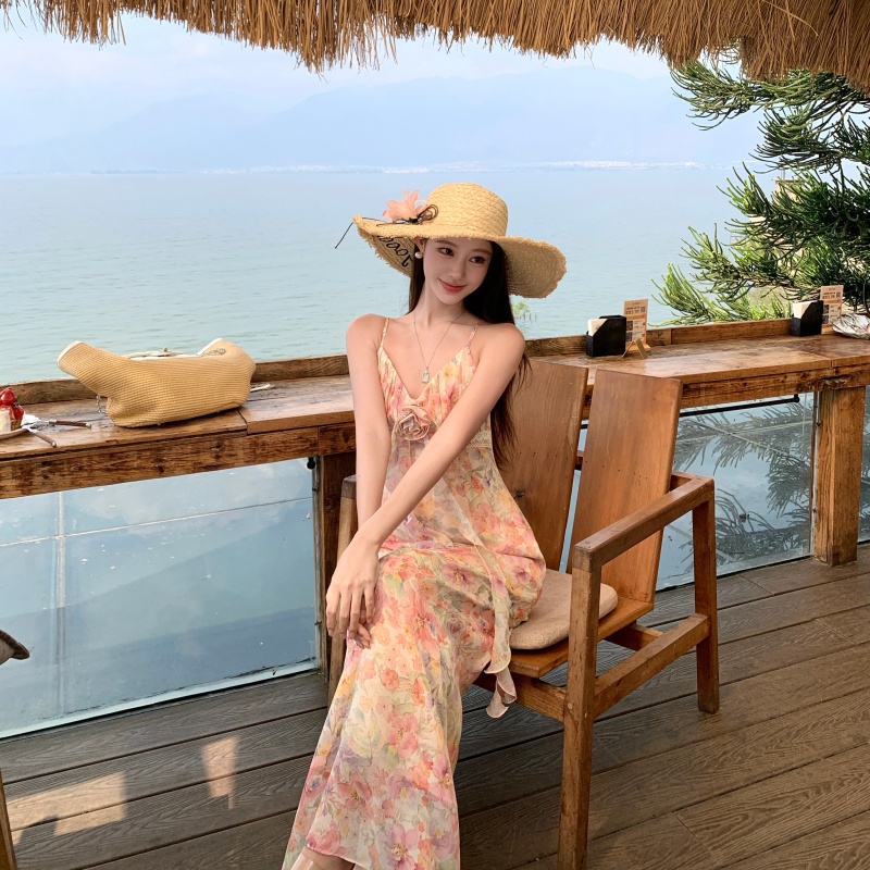 Cherry Blossom Print V-Neck Smocked Waist Cami Long Dress for Women Summer Sweet Long Skirt - Image 4