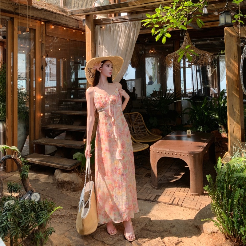 Cherry Blossom Print V-Neck Smocked Waist Cami Long Dress for Women Summer Sweet Long Skirt - Image 5