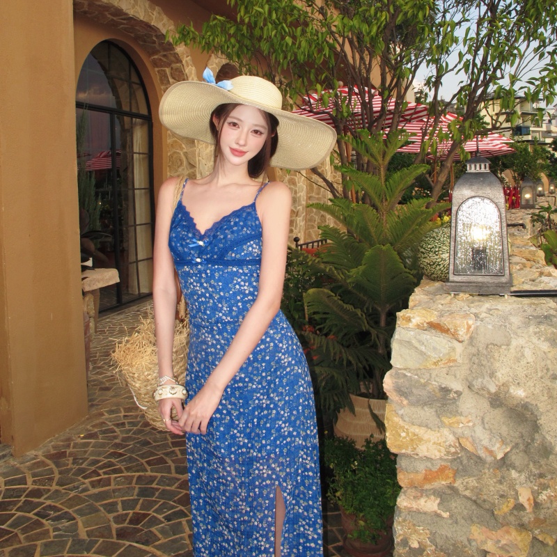 Women's Long Lace Floral V-Neck Cami Dress Summer French Style - Image 2
