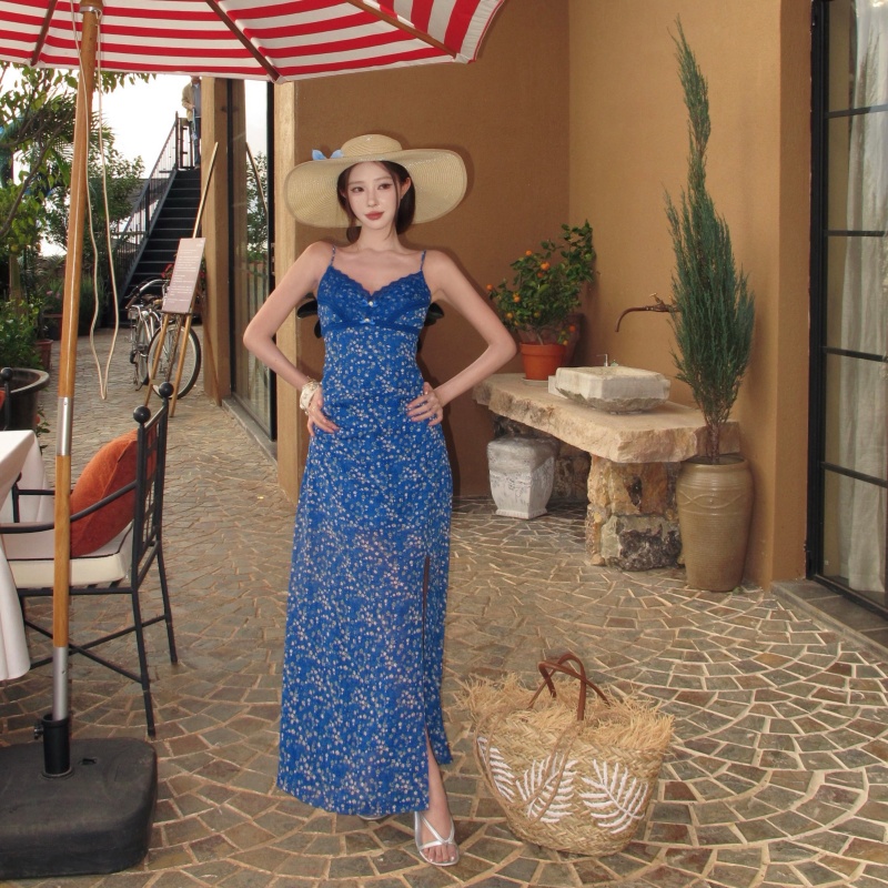 Women's Long Lace Floral V-Neck Cami Dress Summer French Style - Image 4