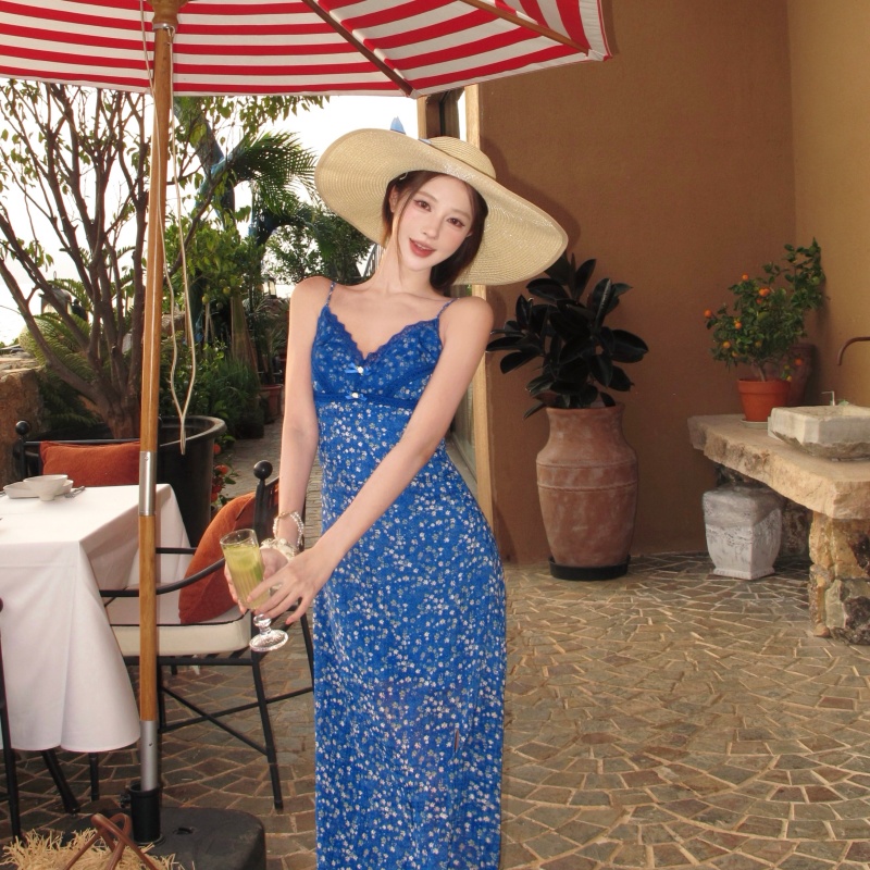 Women's Long Lace Floral V-Neck Cami Dress Summer French Style - Image 5
