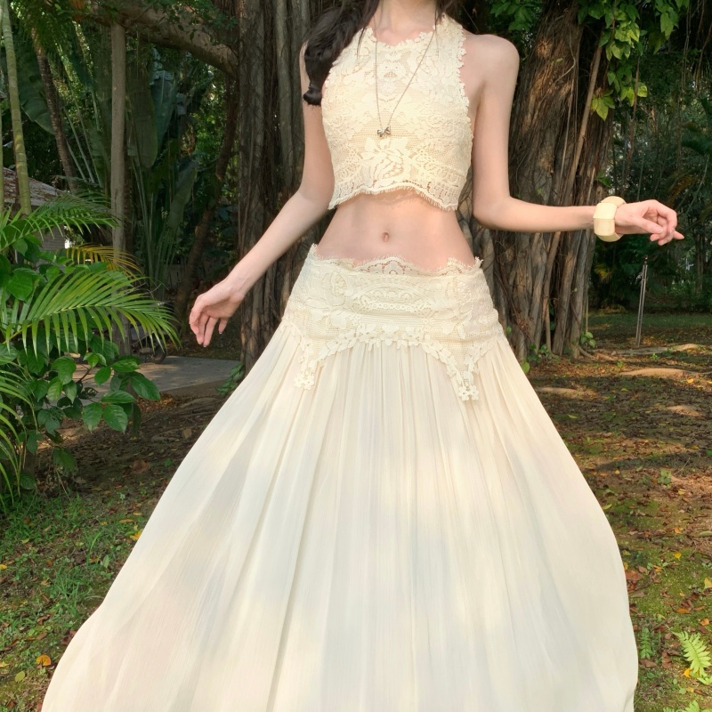 Elegant Sweet Eyelash Lace Top and Long Skirt Two-Piece Set for Women - Style 94091f