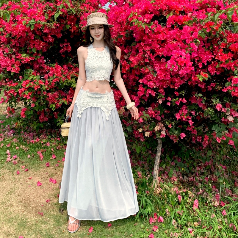 Elegant Sweet Eyelash Lace Top and Long Skirt Two-Piece Set for Women - Style 94097b