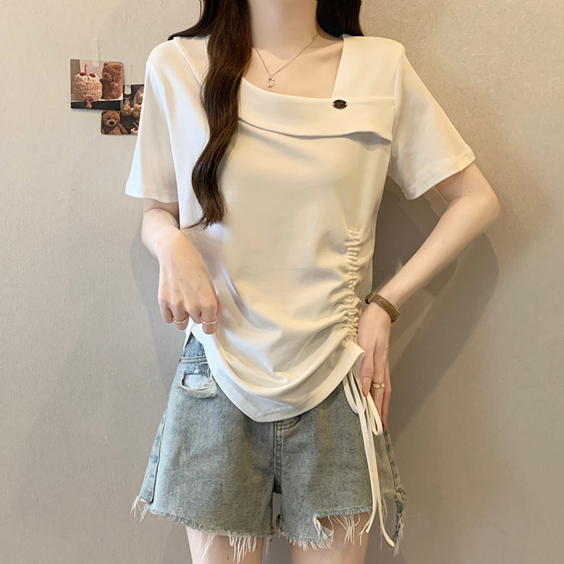 Plus Size Sweet Casual Asymmetric Neck Drawstring Short Sleeve T-Shirt Summer 2026 - Image 2