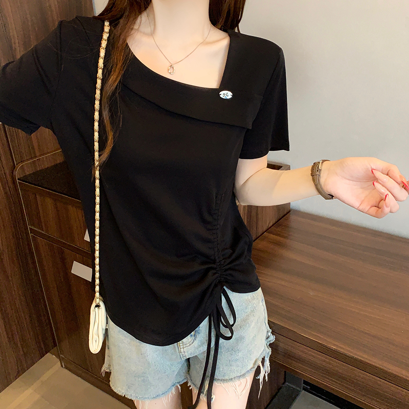 Plus Size Sweet Casual Asymmetric Neck Drawstring Short Sleeve T-Shirt Summer 2026 - Image 4