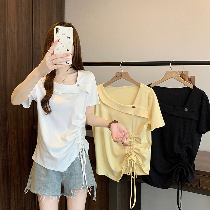 2026 Summer Plus Size Women's Sweet Casual Asymmetric Neck Drawstring Short Sleeve T-Shirt