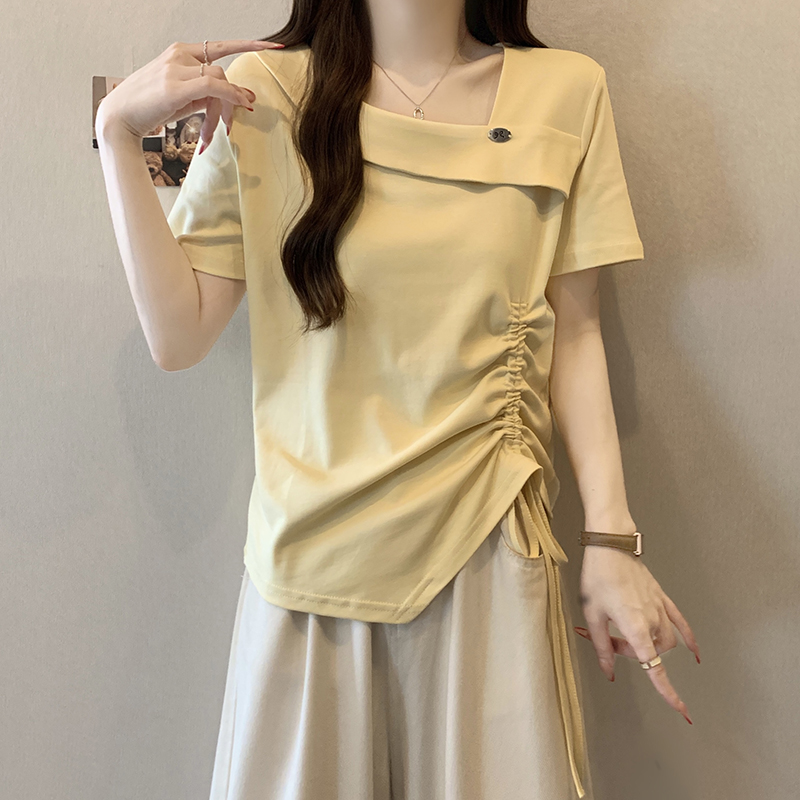 Plus Size Sweet Casual Asymmetric Neck Drawstring Short Sleeve T-Shirt Summer 2026 - Image 3