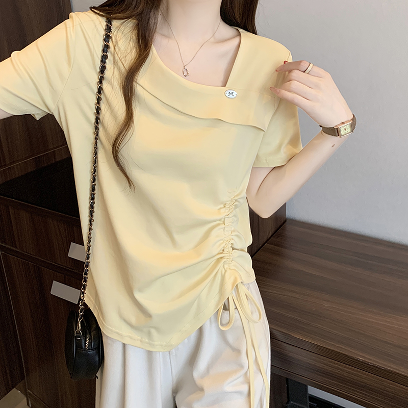 Plus Size Sweet Casual Asymmetric Neck Drawstring Short Sleeve T-Shirt Summer 2026 - Image 5