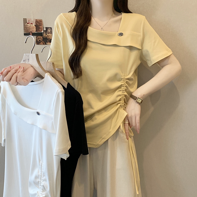 Plus Size Sweet Casual Asymmetric Neck Drawstring Short Sleeve T-Shirt Summer 2026