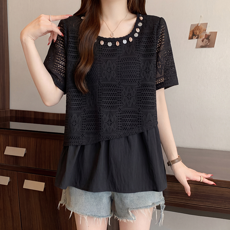 Plus Size Women's Summer 2026 Faux Two-Piece Cutout Slimming Top