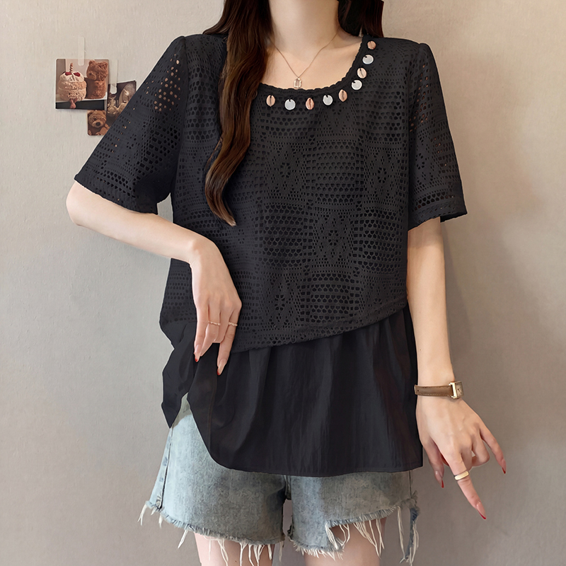 Plus Size Women's Summer 2026 Faux Two-Piece Cutout Slimming Top - Image 3