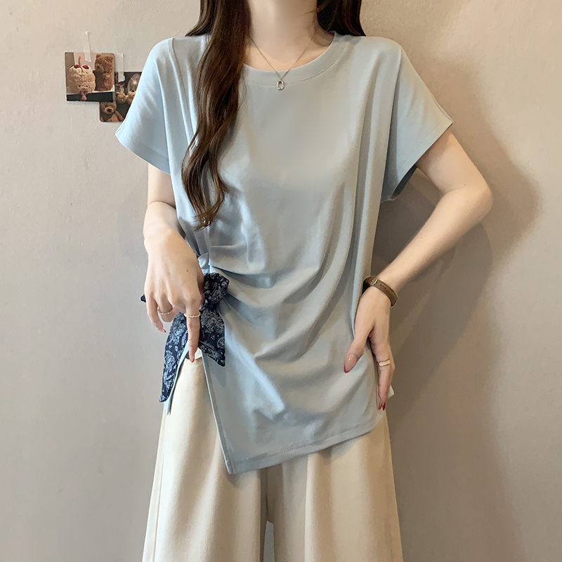 Plus Size Women's Summer Short Sleeve T-Shirt with Scarf Tie Detail - Image 2