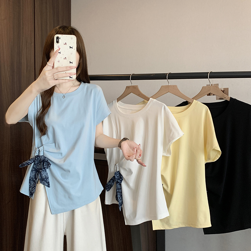 Plus Size Women Summer Round Neck Short Sleeve T-Shirt with Scarf Tie