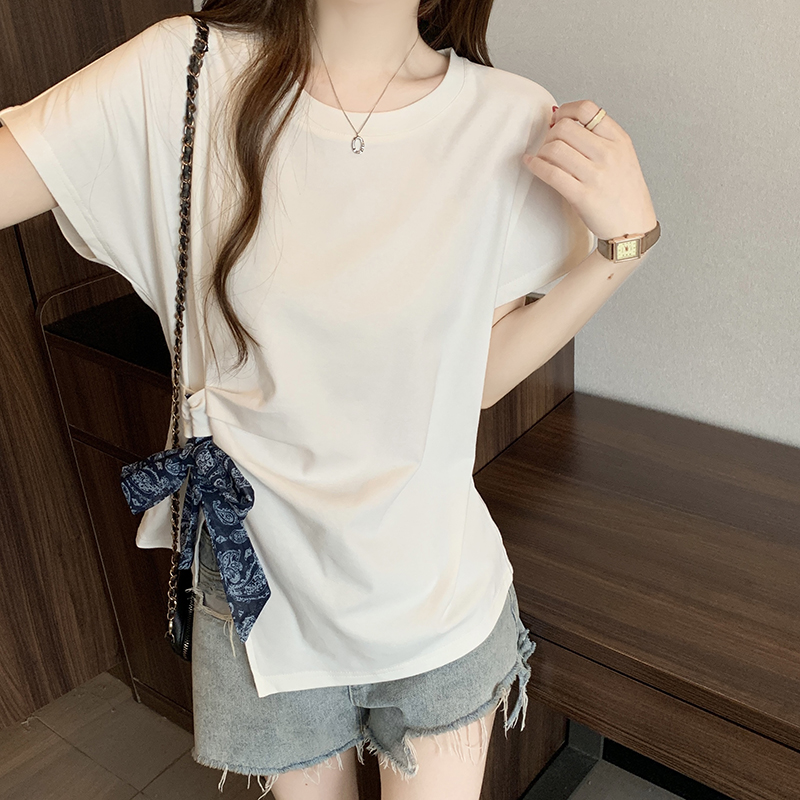 Plus Size Women's Summer Short Sleeve T-Shirt with Scarf Tie Detail - Image 4