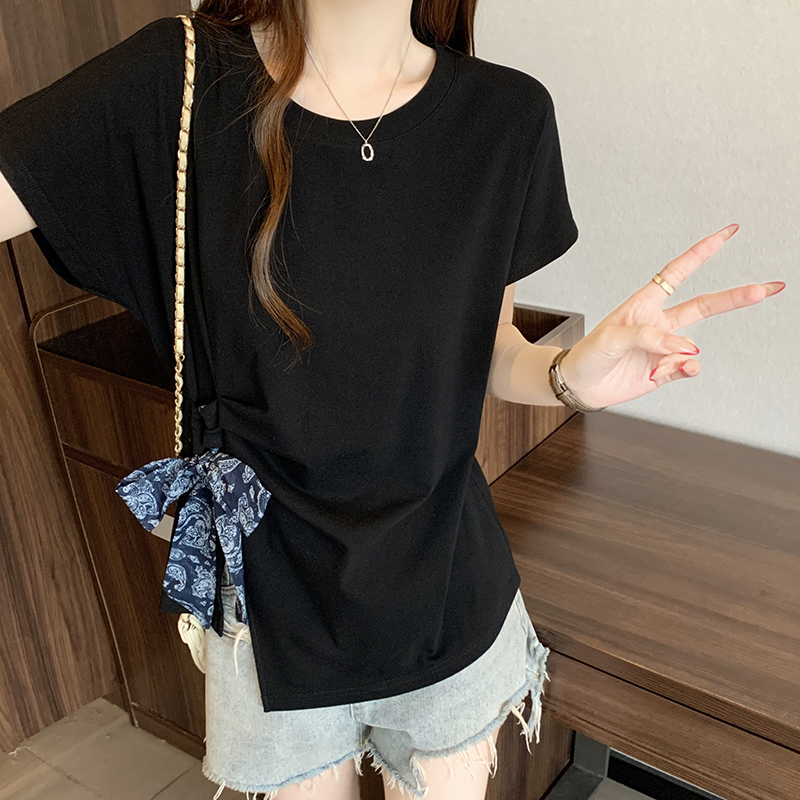 Plus Size Women's Summer Short Sleeve T-Shirt with Scarf Tie Detail - Image 5