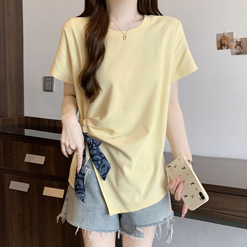 Plus Size Women's Summer Short Sleeve T-Shirt with Scarf Tie Detail - Image 3