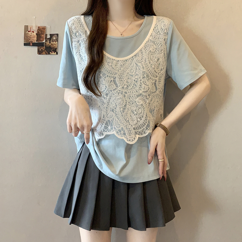 Plus Size Sweet Hollow-Out Vest Layered Short Sleeve Faux Two-Piece Top Summer 2026 - Style 964f54 - Image 3